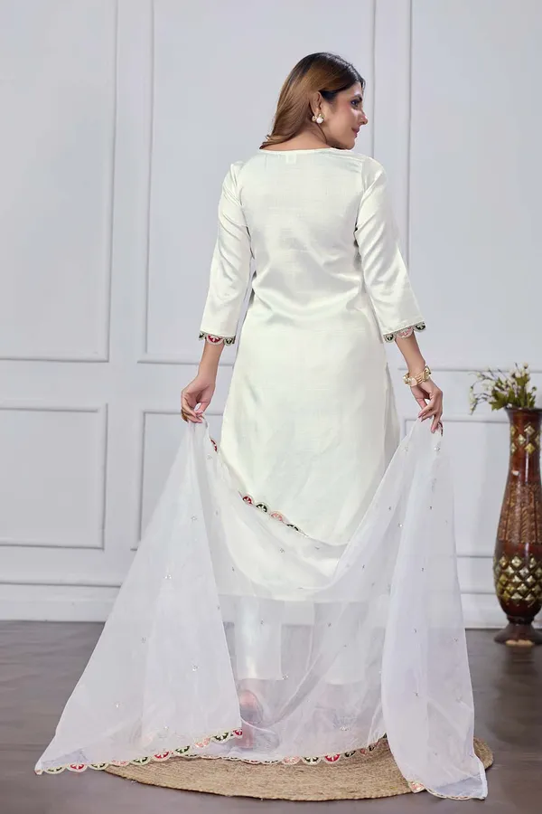 White_Silk_Blend_Premium_&_Elegant_Embroidered_Calf_Length_Straight_Kurta_,_Pant_&_Dupatta_For_Women