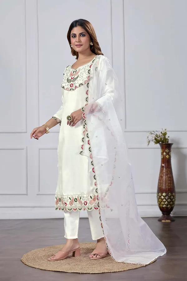 White_Silk_Blend_Premium_&_Elegant_Embroidered_Calf_Length_Straight_Kurta_,_Pant_&_Dupatta_For_Women