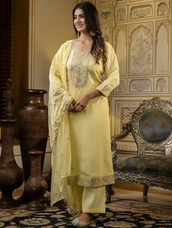 Yellow_Silk_Blend_Premium_&_Elegant_Embroidered_Calf_Length_Straight_Kurta_,_Pant_&_Dupatta_For_Women