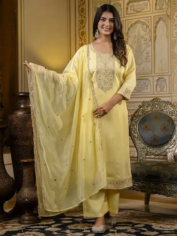 Yellow_Silk_Blend_Premium_&_Elegant_Embroidered_Calf_Length_Straight_Kurta_,_Pant_&_Dupatta_For_Women