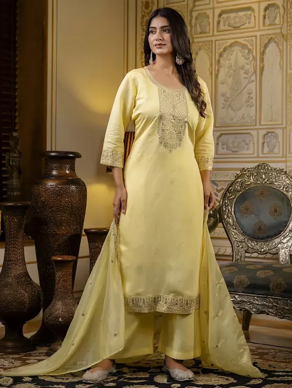 Yellow_Silk_Blend_Premium_&_Elegant_Embroidered_Calf_Length_Straight_Kurta_,_Pant_&_Dupatta_For_Women
