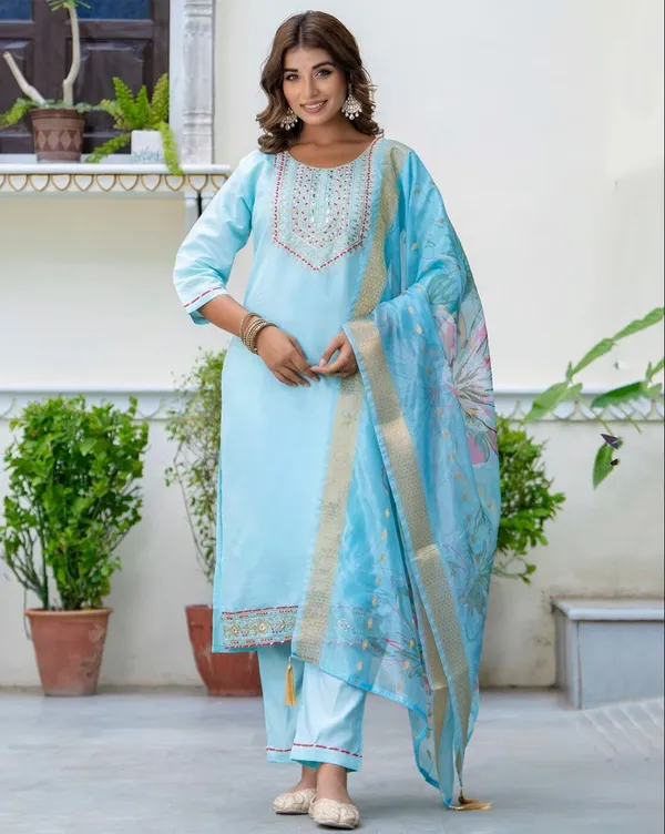 Sky_Blue_Silk_Blend_Premium_&_Elegant_Embroidered_Calf_Length_Straight_Kurta_,_Pant_&_Dupatta_For_Women