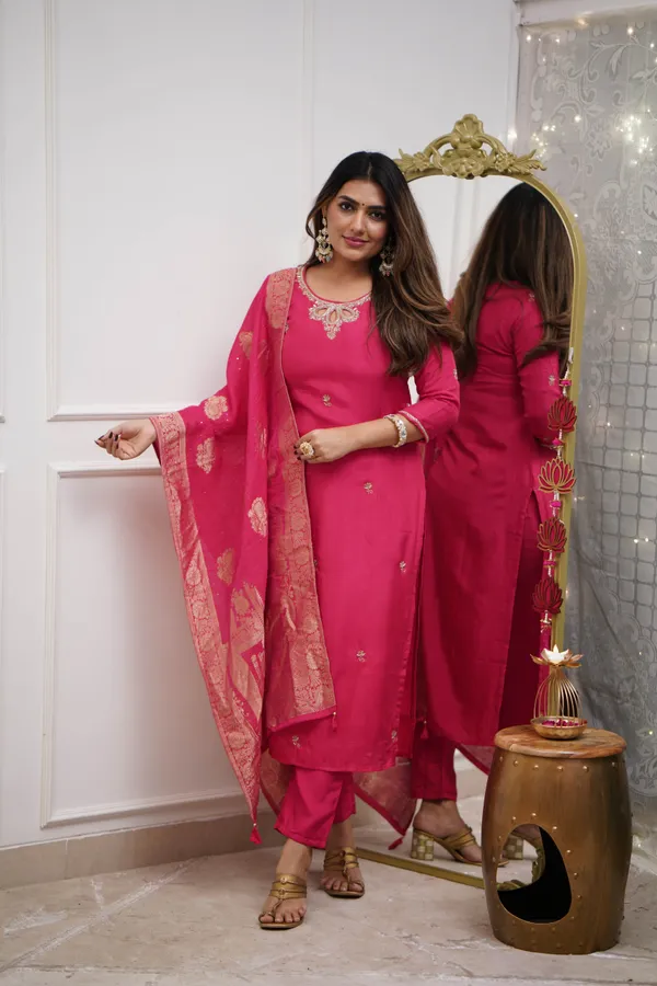 Pink_Chenderi_Silk_Premium_&_Elegant_Embroidered_Kurta_,_Pant_&_Dupatta_For_Women