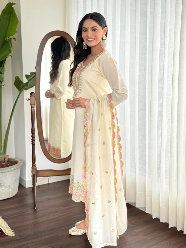 White_Chenderi_Silk_Premium_&_Elegant_Embroidered_Kurta_,_Pant_&_Dupatta_For_Women
