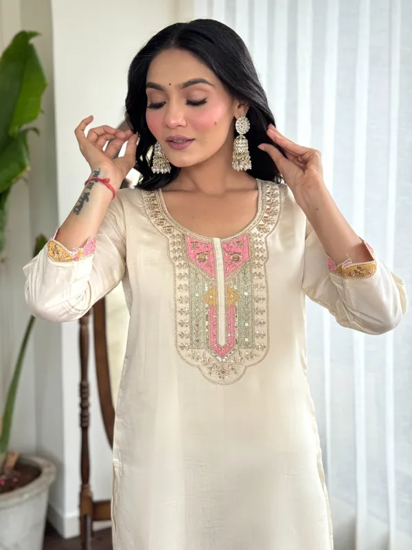 White_Chenderi_Silk_Premium_&_Elegant_Embroidered_Kurta_,_Pant_&_Dupatta_For_Women