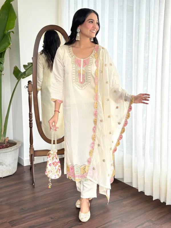 White_Chenderi_Silk_Premium_&_Elegant_Embroidered_Kurta_,_Pant_&_Dupatta_For_Women
