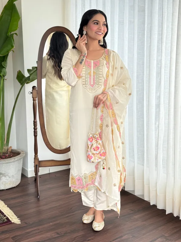 White_Chenderi_Silk_Premium_&_Elegant_Embroidered_Kurta_,_Pant_&_Dupatta_For_Women