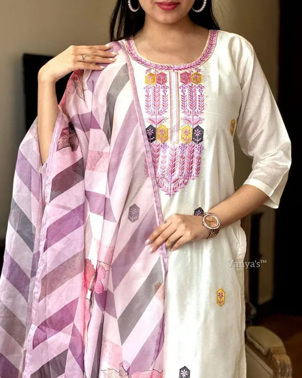 White_Chenderi_Silk_Premium_&_Elegant_Embroidered_Kurta_,_Pant_&_Dupatta_For_Women
