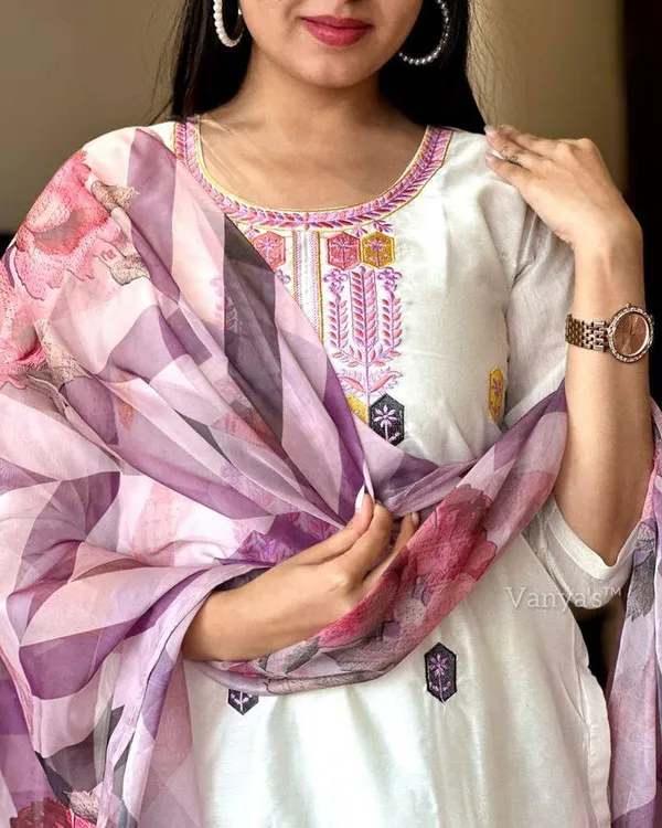 White_Chenderi_Silk_Premium_&_Elegant_Embroidered_Kurta_,_Pant_&_Dupatta_For_Women