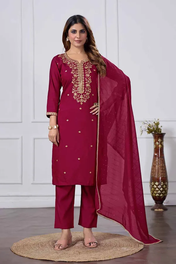 Red_Cotton_Premium_&_Elegant_Embroidered_Kurta_,_Pant_&_Dupatta_For_Women