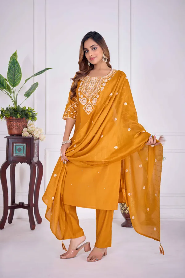 Orange_Cotton_Premium_&_Elegant_Embroidered_Kurta_,_Pant_&_Dupatta_For_Women