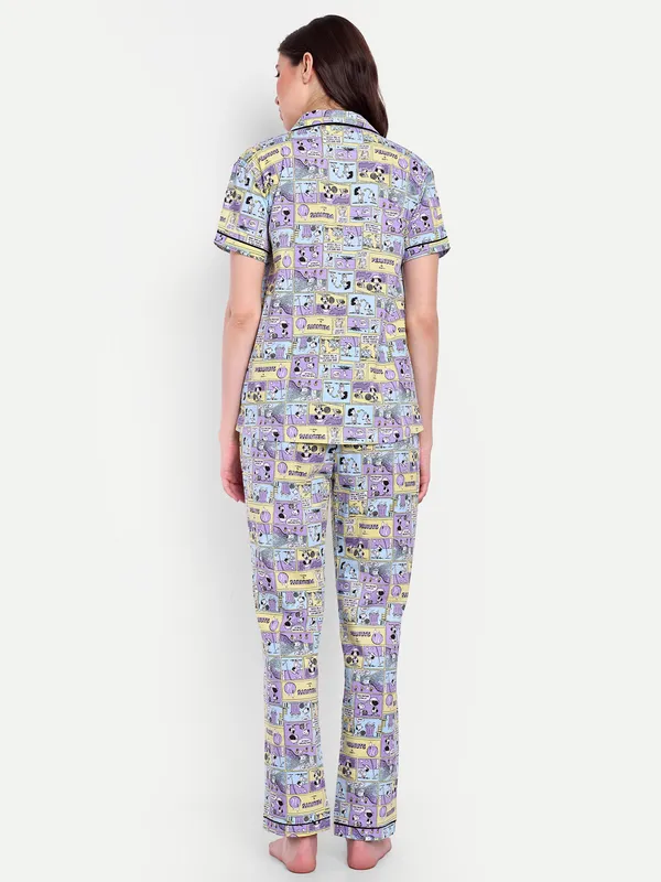 Multicolor_Comic_Strip_Notch_Collar_Cotton_Full_Pants_Set_For_Women