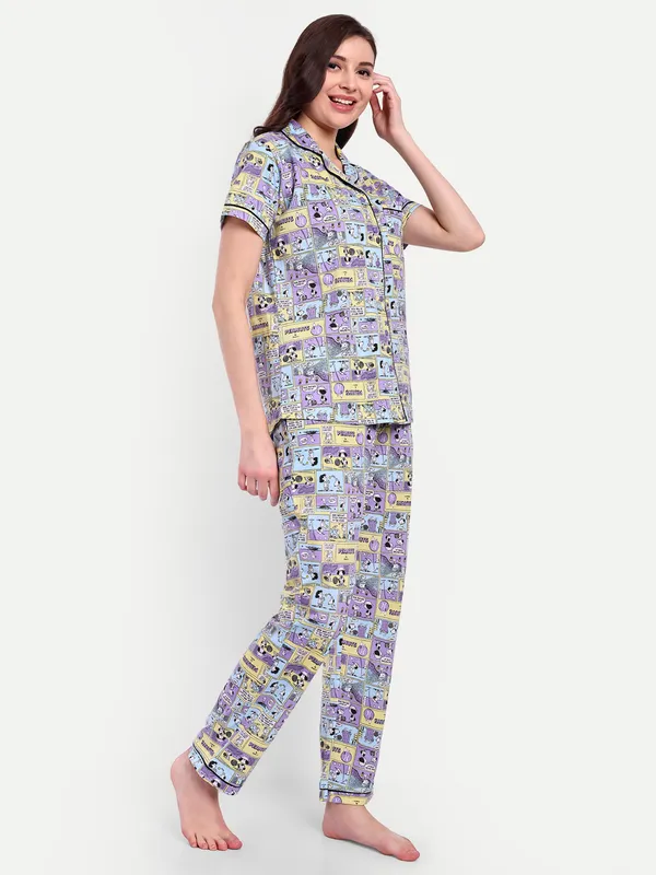 Multicolor_Comic_Strip_Notch_Collar_Cotton_Full_Pants_Set_For_Women