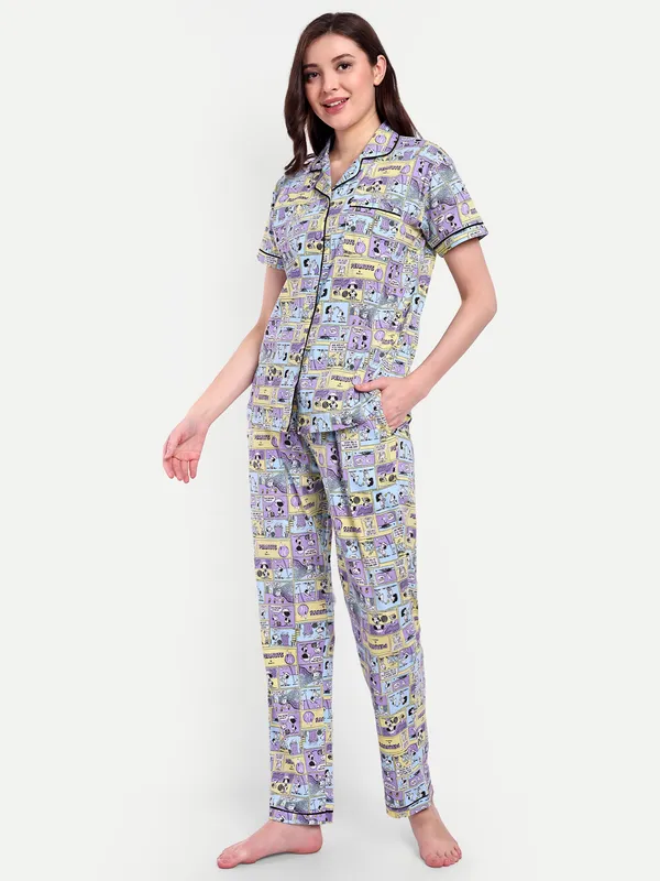 Multicolor_Comic_Strip_Notch_Collar_Cotton_Full_Pants_Set_For_Women