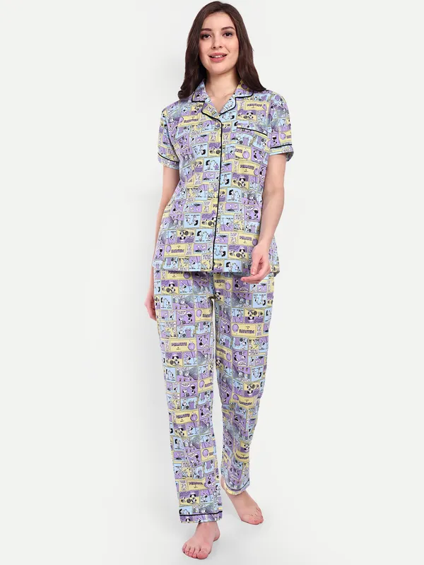 Multicolor_Comic_Strip_Notch_Collar_Cotton_Full_Pants_Set_For_Women