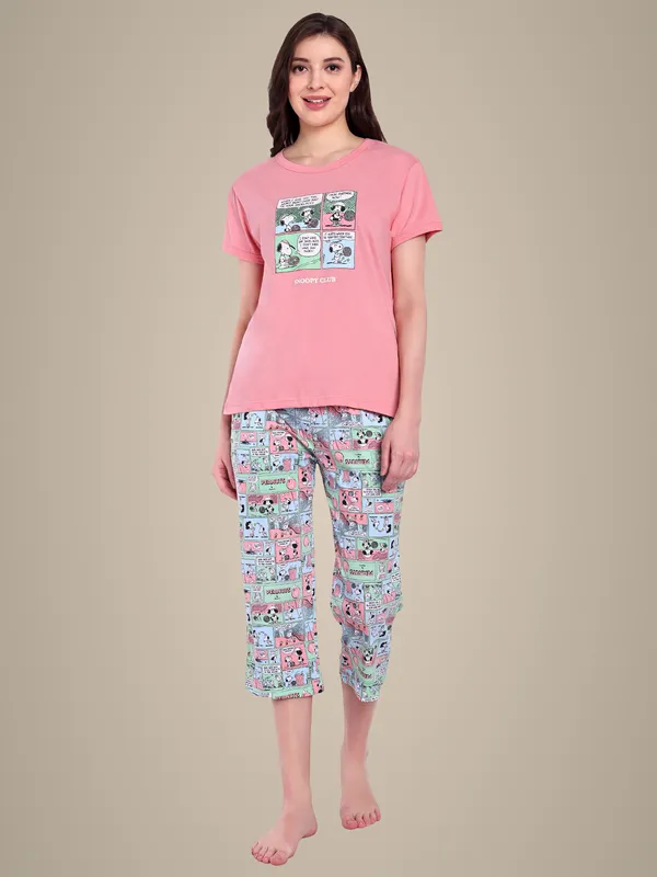 Coral_Peanut_Comic_Strip_Cotton_Capri_Sets_For_Women