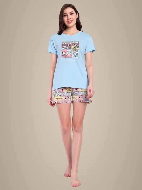 Blue_Peanut_Comic_Strip_Cotton_Shorts_Sets_For_Women