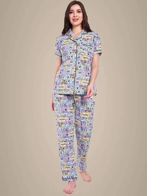Multicolor_Comic_Strip_Notch_Collar_Cotton_Full_Pants_Set_For_Women