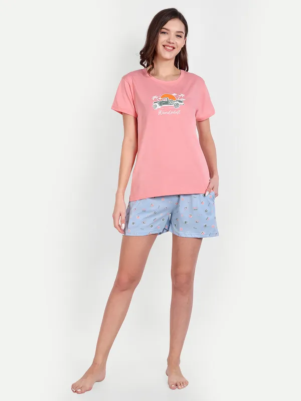 Coral_Wanderlust_Cotton_Shorts_Set_For_Women