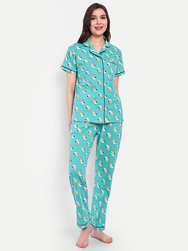 Green_Peanut_Sweet_Dream_Notch_Collar_Cotton_Full_Pants_For_Women