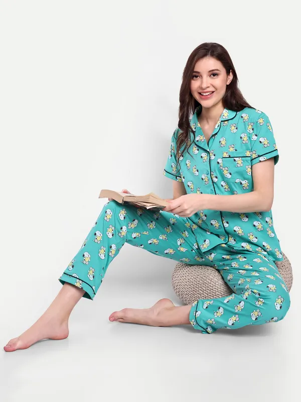 Green_Peanut_Sweet_Dream_Notch_Collar_Cotton_Full_Pants_For_Women