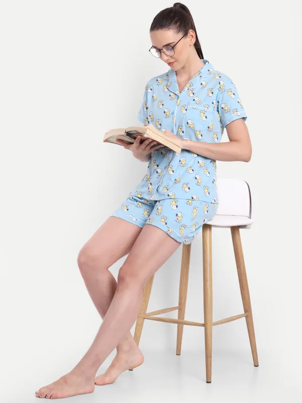 Blue_Peanuts_Sweet_Dreams_Aop_Notch_Collar_Cotton_Shorts_For_Women