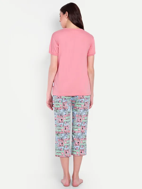 Coral_Peanut_Comic_Strip_Cotton_Capri_Sets_For_Women
