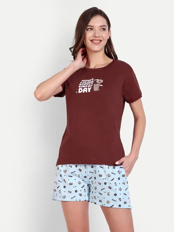Maroon_Donut_Cotton_Short_Sets_For_Women