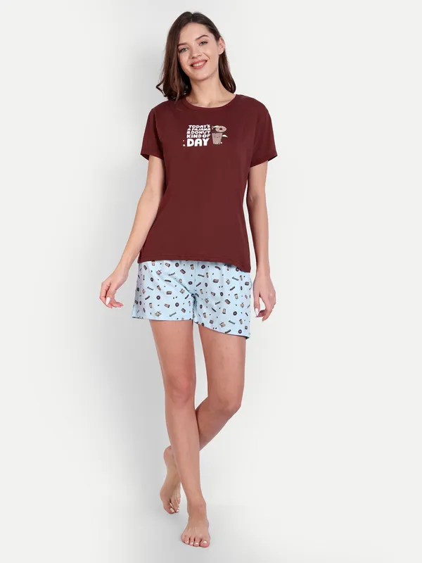 Maroon_Donut_Cotton_Short_Sets_For_Women