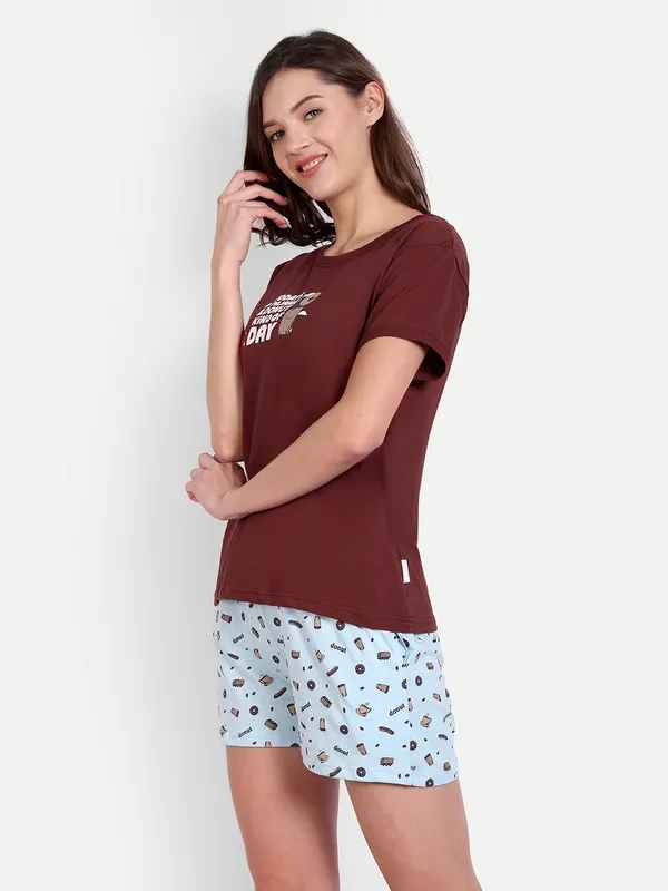 Maroon_Donut_Cotton_Short_Sets_For_Women