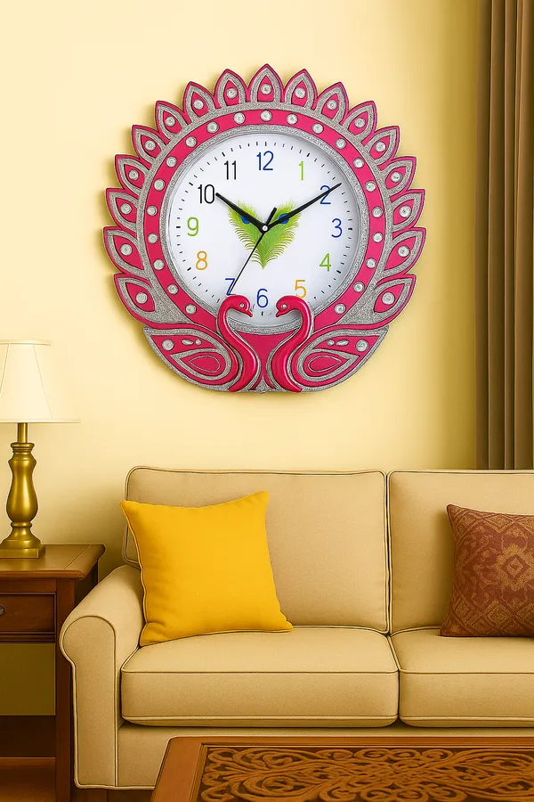 Pink_Color_Peacock_Designer_Wall_Clock