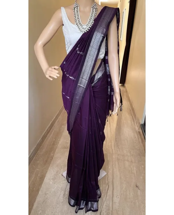 Dark_Wine_Kalyani_Cotton_Silk_Silver_Zari_Border_Saree_For_Women