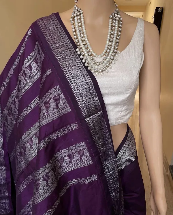 Dark_Wine_Kalyani_Cotton_Silk_Silver_Zari_Border_Saree_For_Women