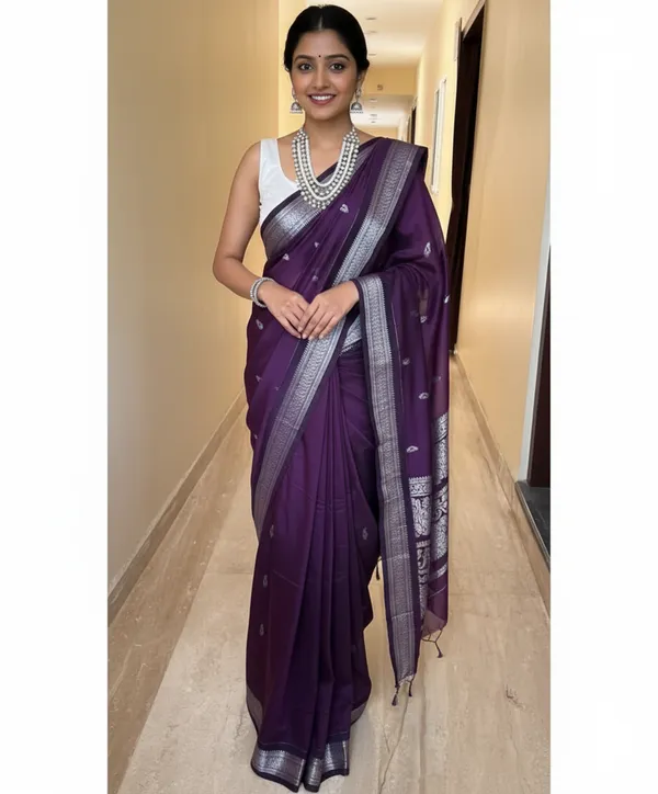 Dark_Wine_Kalyani_Cotton_Silk_Silver_Zari_Border_Saree_For_Women