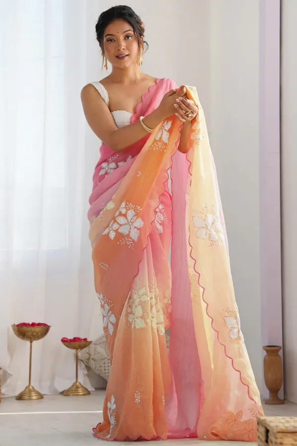 Pink_And_Orange_Ombre_Silk_Blend_Saree_Accentuated_With_Floral_Sequins_Embroidery