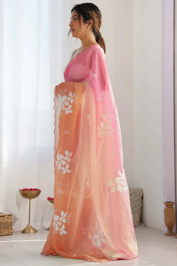 Pink_And_Orange_Ombre_Silk_Blend_Saree_Accentuated_With_Floral_Sequins_Embroidery