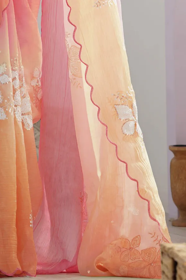 Pink_And_Orange_Ombre_Silk_Blend_Saree_Accentuated_With_Floral_Sequins_Embroidery