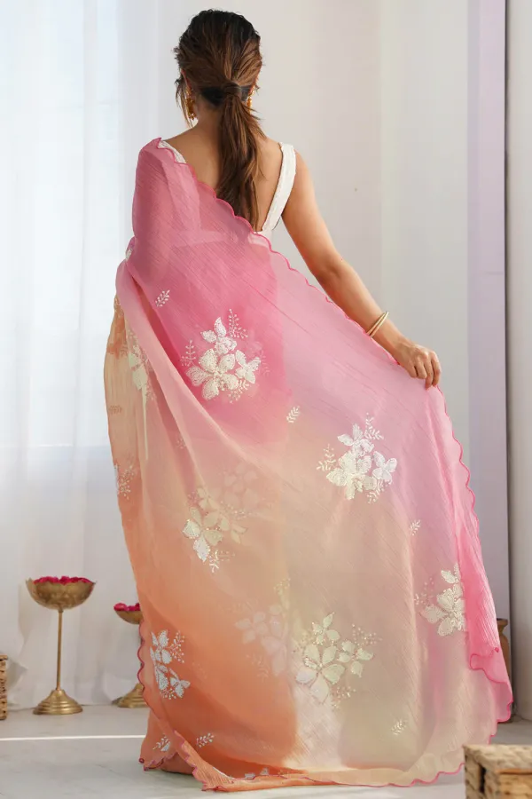 Pink_And_Orange_Ombre_Silk_Blend_Saree_Accentuated_With_Floral_Sequins_Embroidery