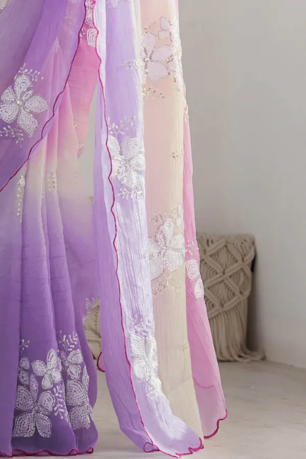 Pink_And_Lavender_Ombre_Silk_Blend_Saree_Accentuated_With_Floral_Sequins_Embroidery
