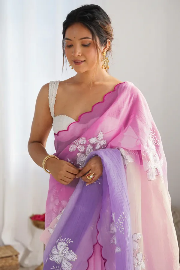 Pink_And_Lavender_Ombre_Silk_Blend_Saree_Accentuated_With_Floral_Sequins_Embroidery