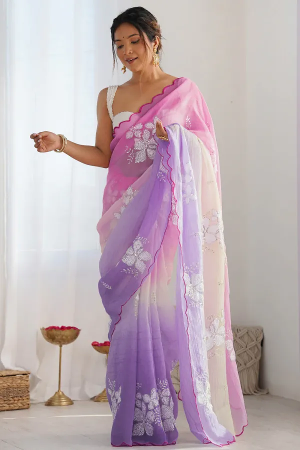 Pink_And_Lavender_Ombre_Silk_Blend_Saree_Accentuated_With_Floral_Sequins_Embroidery