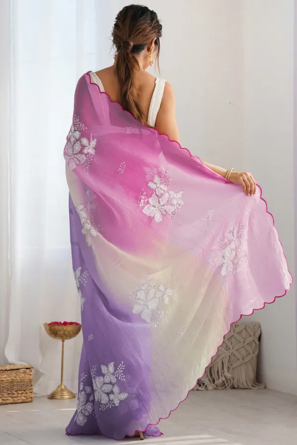 Pink_And_Lavender_Ombre_Silk_Blend_Saree_Accentuated_With_Floral_Sequins_Embroidery