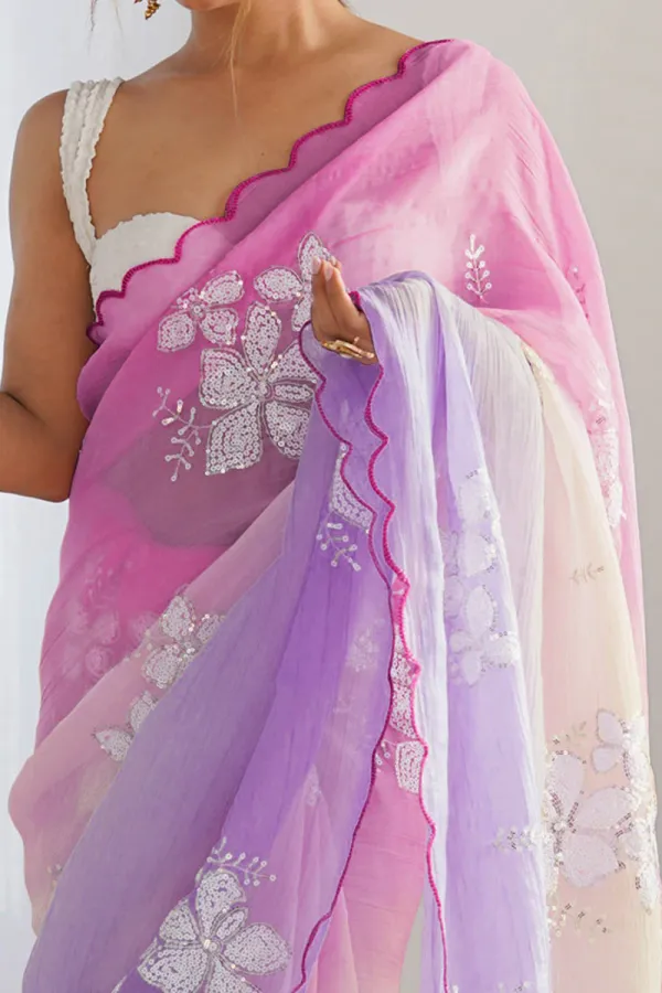 Pink_And_Lavender_Ombre_Silk_Blend_Saree_Accentuated_With_Floral_Sequins_Embroidery