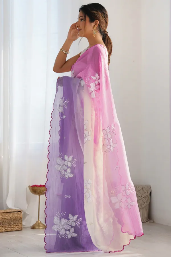 Pink_And_Lavender_Ombre_Silk_Blend_Saree_Accentuated_With_Floral_Sequins_Embroidery