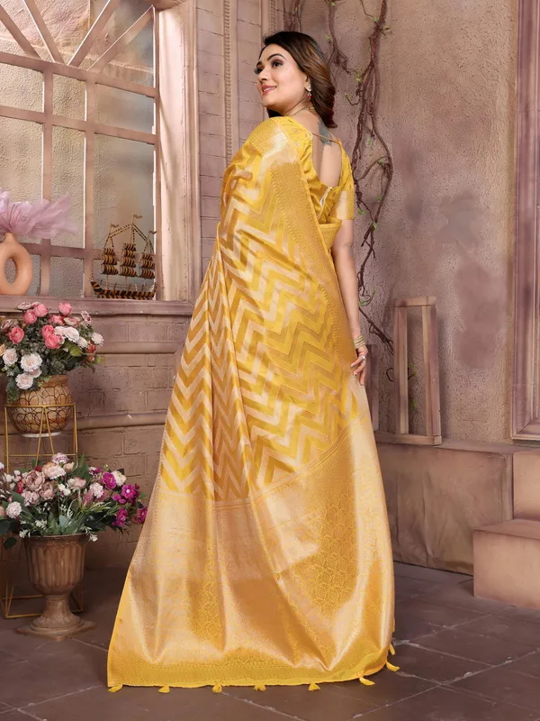 Yellow_Organza_Silk_Golden_Zari_Leheriya_Weaving_Work_Saree_For_Women