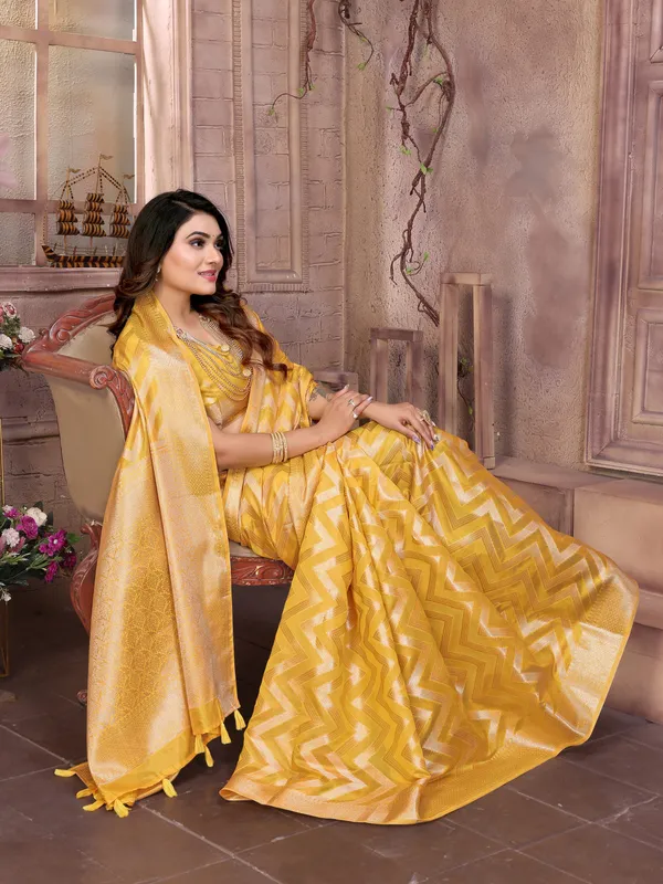 Yellow_Organza_Silk_Golden_Zari_Leheriya_Weaving_Work_Saree_For_Women