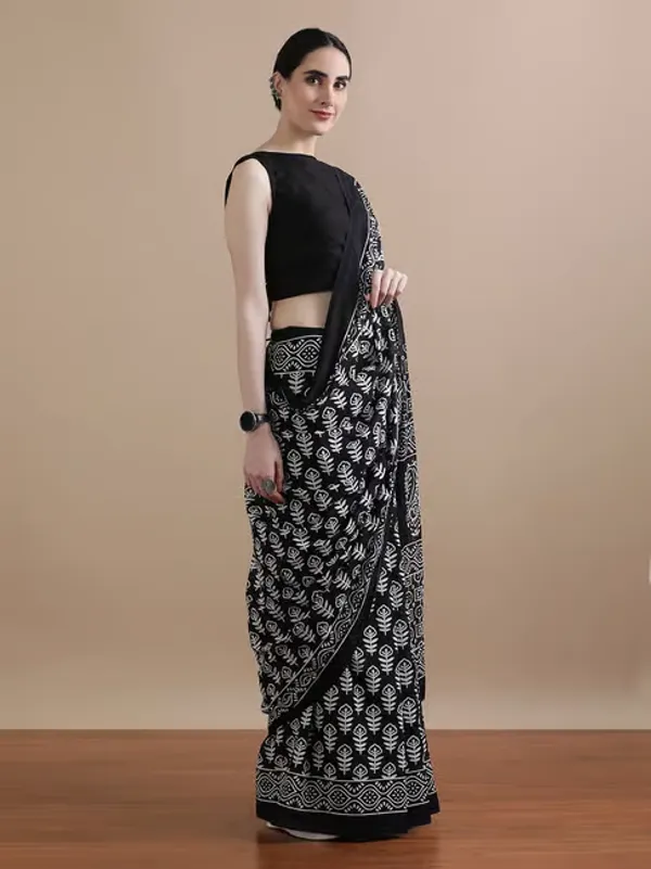 Black_Pure_Mulmul_Cotton_Bagru_Hand_Block_Printed_Work_Saree_For_Women