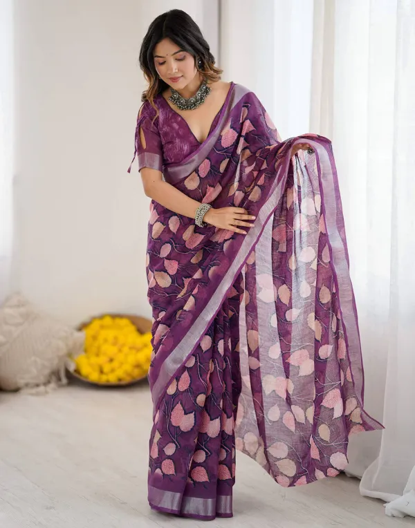 Dark_Purple_Linen_Printed_Saree
