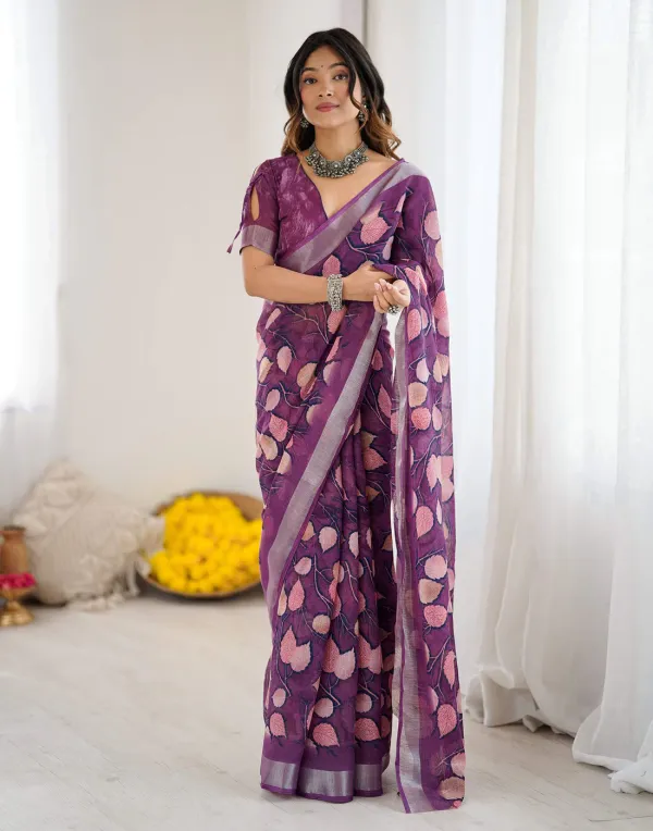 Dark_Purple_Linen_Printed_Saree