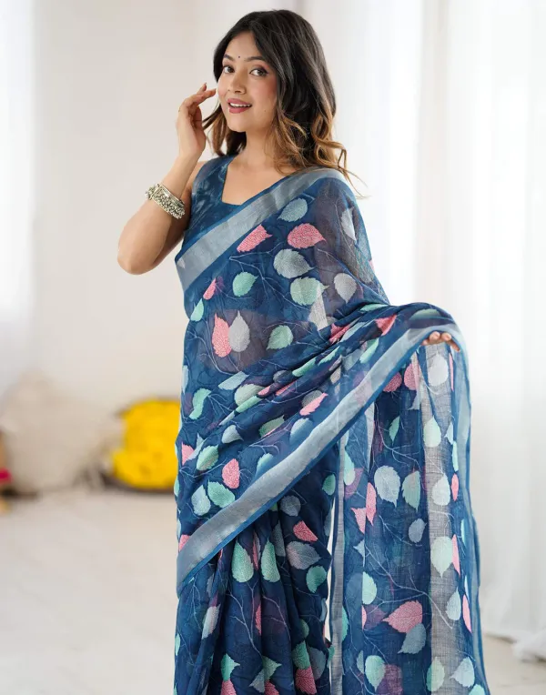 Navy_Blue_Linen_Printed_Saree